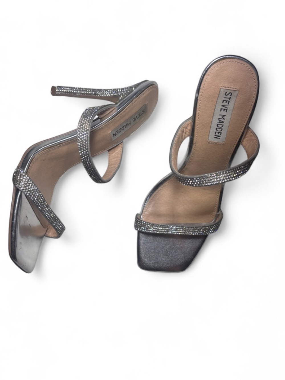 Steve Madden Vidal Evening Sandal Heels Size 8 M Metallic Silver Rhinestone